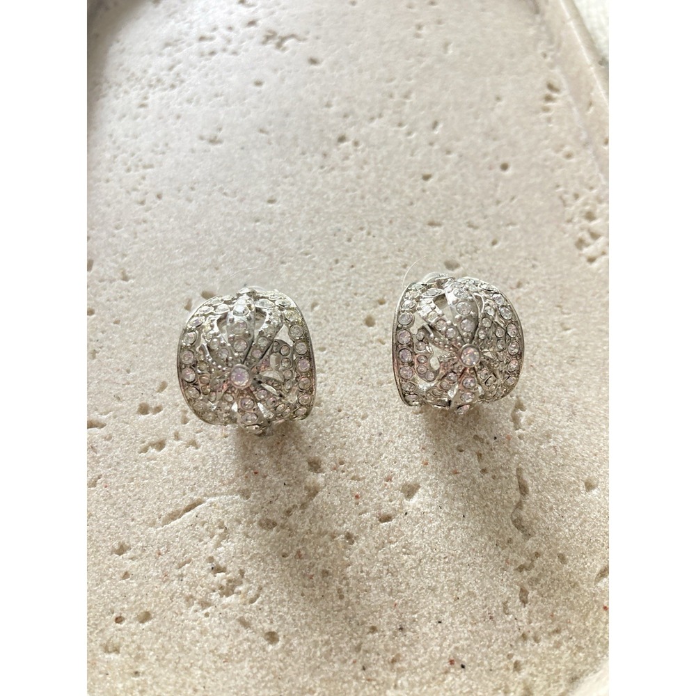Vintage KJL Kenneth Jay Lane Silver‎ Tone Rhinestone Filigree Huggie Earring